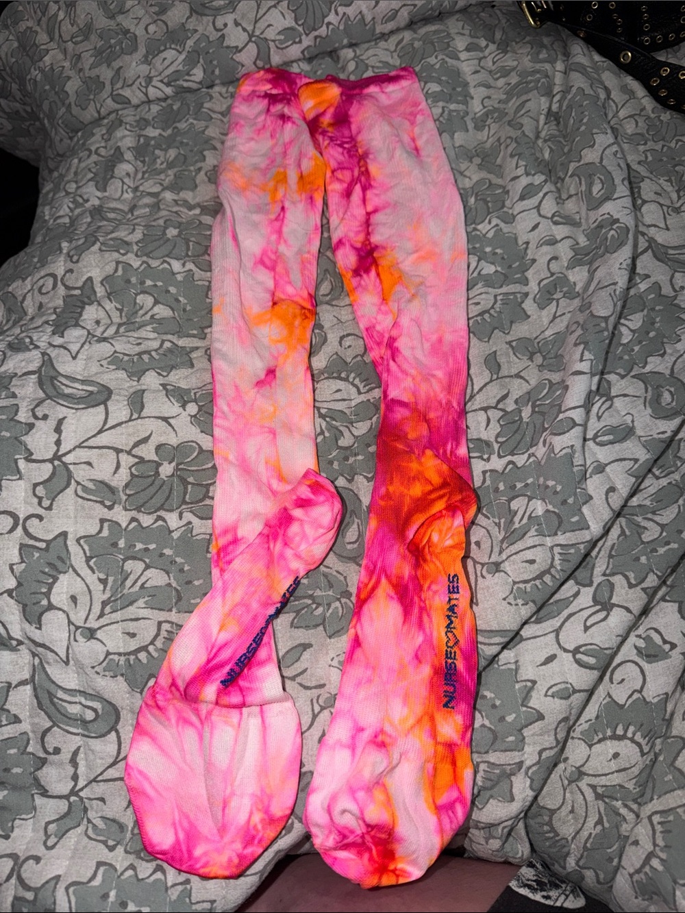 Nurse Mates Pink and Orange Tie-Dye Compression Socks. Wide calve.